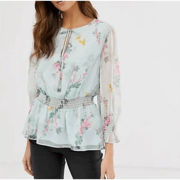 Ted Baker London Klara Sorbet Floral Ruffle Peplum Top Size 2 - Picture 1 of 14